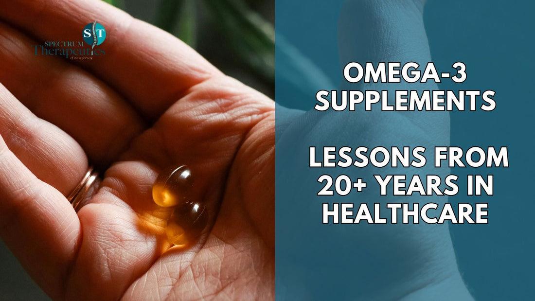 Close-up of omega-3 fish oil capsules next to fresh salmon on a wooden table.