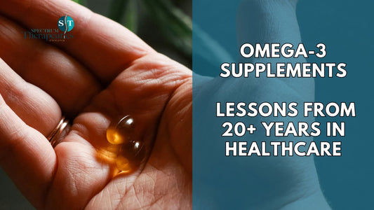 Close-up of omega-3 fish oil capsules next to fresh salmon on a wooden table.