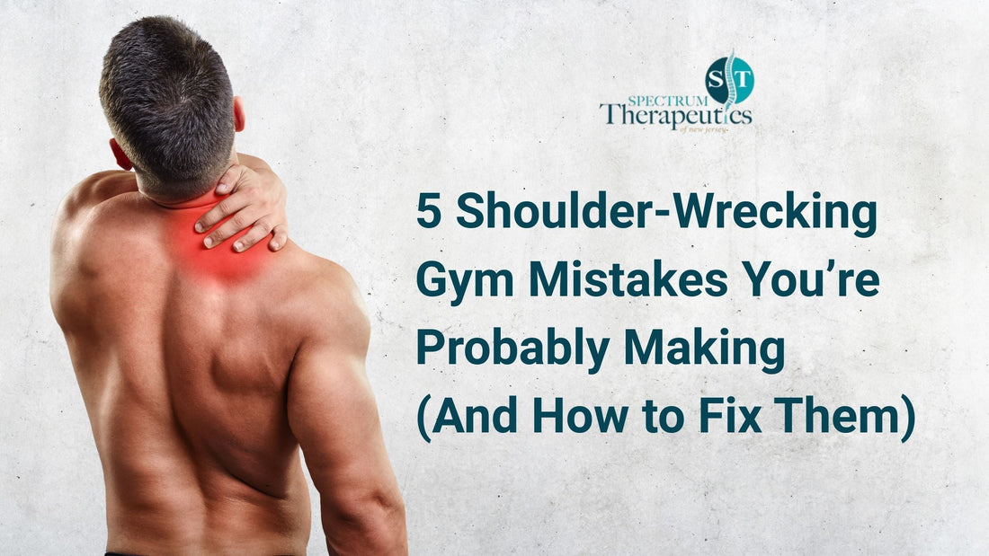 Man in gym warming up with resistance bands to protect shoulders before lifting weights.