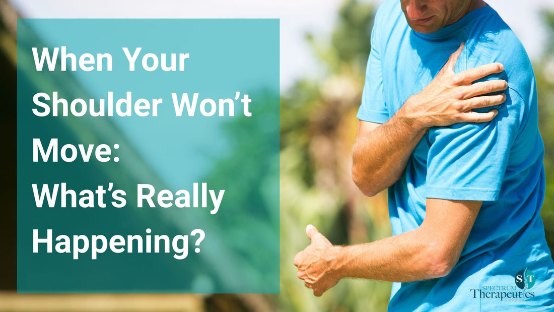 Patient struggling with limited shoulder mobility while a physical therapist demonstrates gentle stretching techniques.