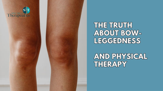 Physical therapist guiding a patient with bow-leggedness through hip and leg strengthening exercises.