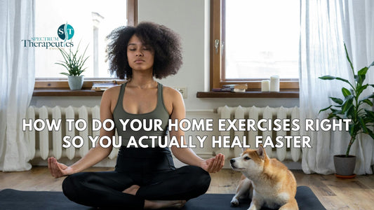 Patient performing home physical therapy exercises with resistance band under virtual guidance.