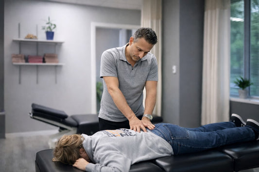 Physical therapist examining a patient's lower back to tell a muscle strain from a disc problem at a Wayne, NJ clinic.