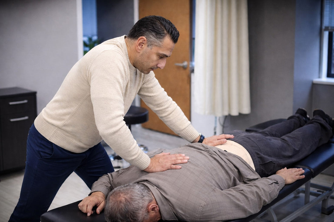 Physical therapist examining a patient's lower back to tell back pain from kidney pain at a Wayne, NJ clinic.