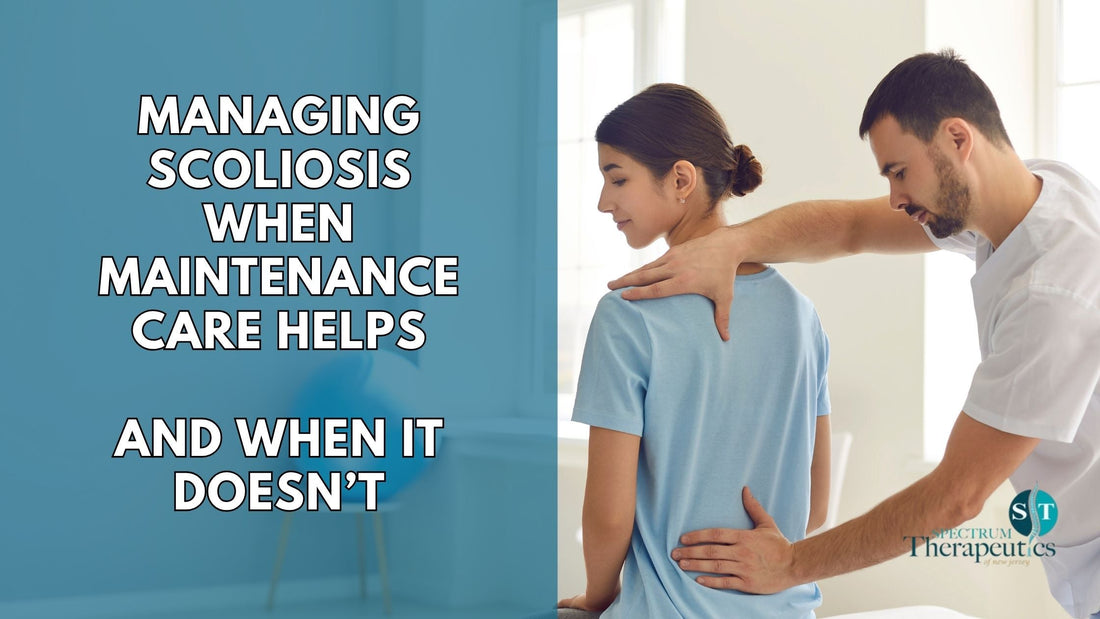 Physical therapist guiding adult scoliosis patient through posture and core strengthening exercises.