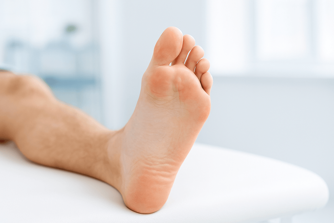 Underside of a foot showing the plantar fascia region affected in plantar fasciitis and heel pain.