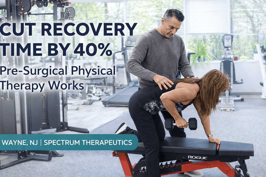 Physical therapist guiding patient through pre-surgical strengthening exercises for knee replacement preparation at Spectrum Therapeutics of NJ in Wayne