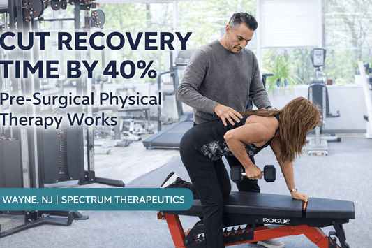 Physical therapist guiding patient through pre-surgical strengthening exercises for knee replacement preparation at Spectrum Therapeutics of NJ in Wayne