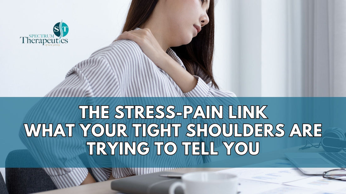 Physical therapist assessing a patient’s tight shoulders related to stress.