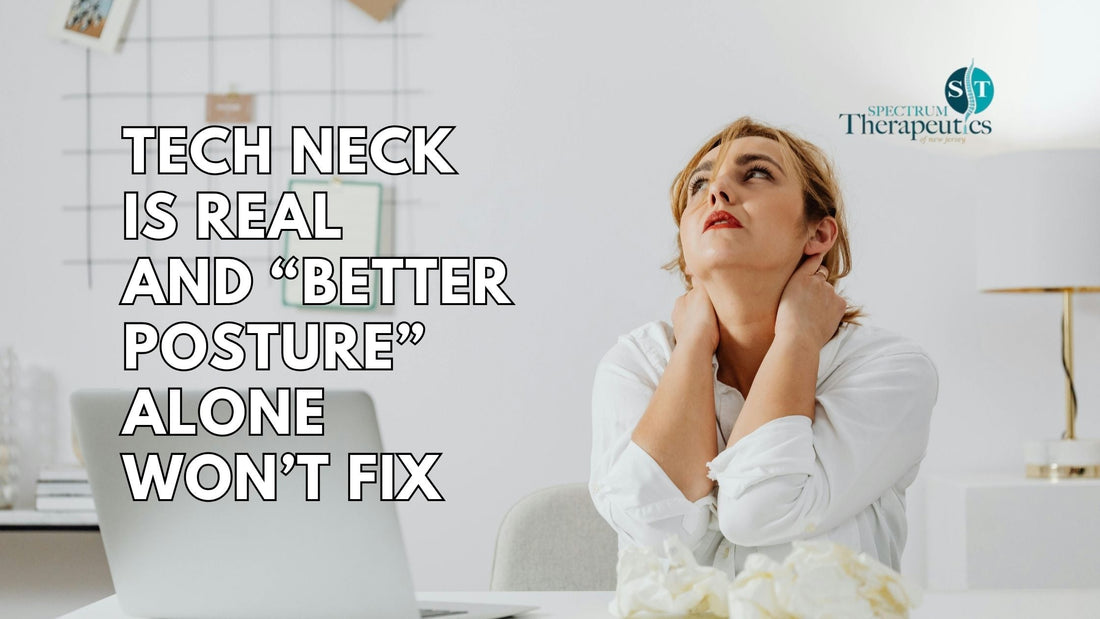 Person at desk experiencing tech neck with neck and upper back discomfort
