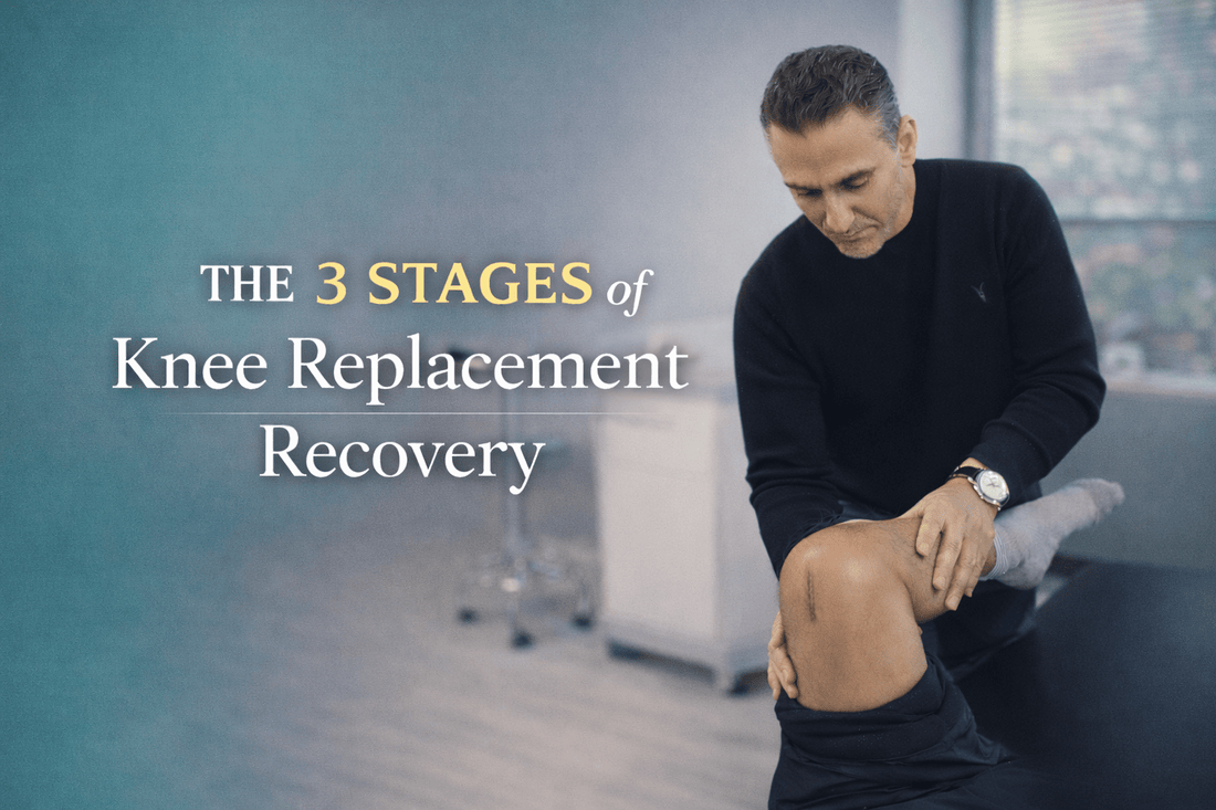 The three stages of knee replacement recovery - Dr. Rob Letizia assessing a patient's knee in Wayne, NJ.