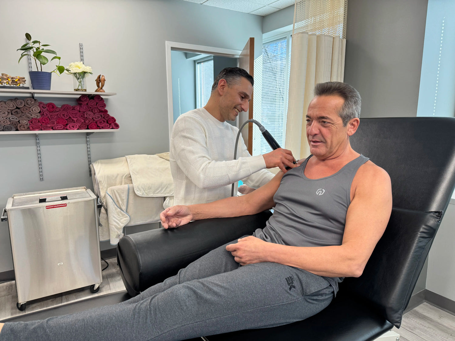 Shockwave therapy applied to the shoulder by Dr. Rob at Spectrum Therapeutics in Wayne, NJ